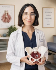 Pelvic floor physical therapist explaining pelvic anatomy to help mothers understand postpartum pelvic floor health and recovery
